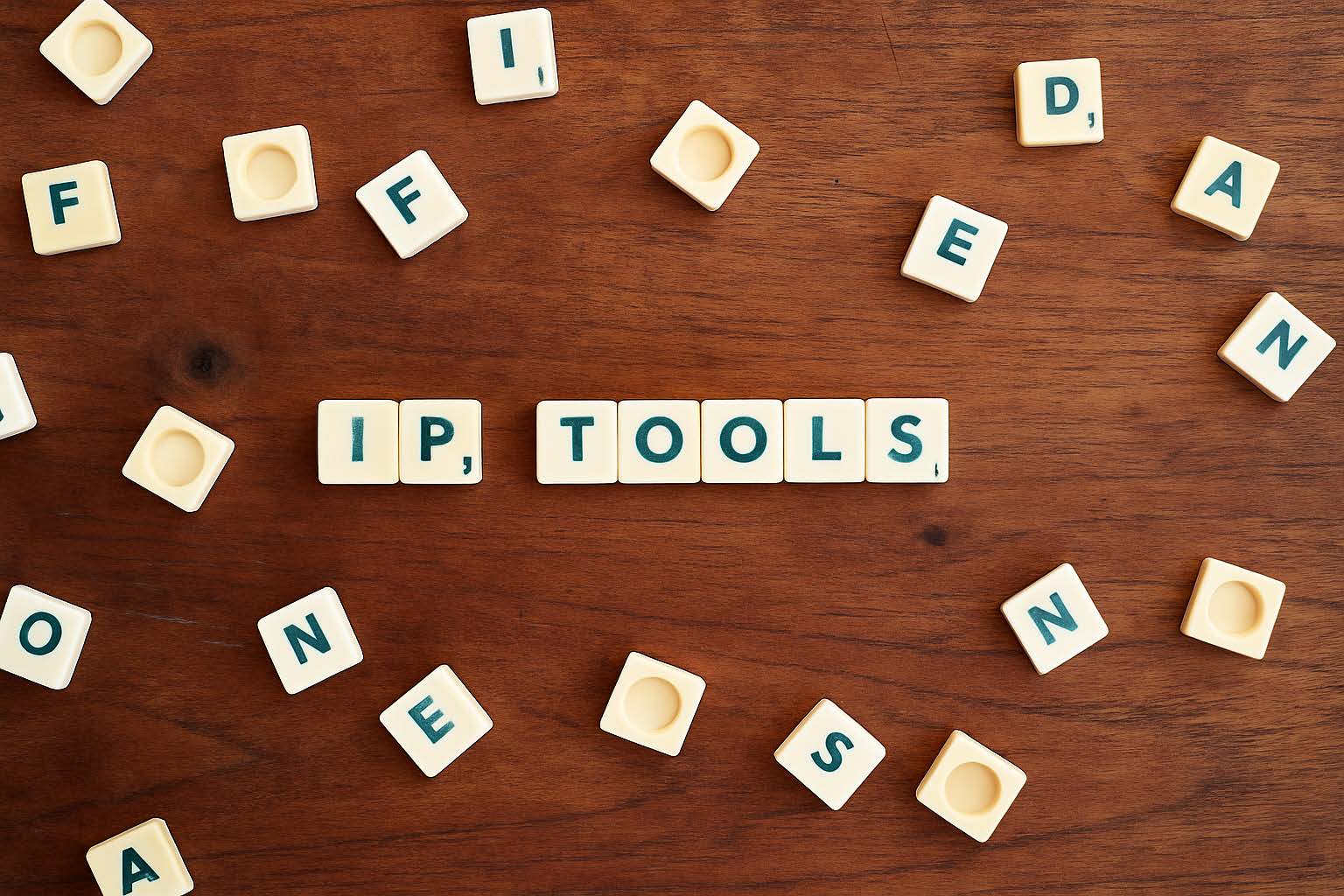 Scrabble tiles spelling IP, TOOLS on a wooden background